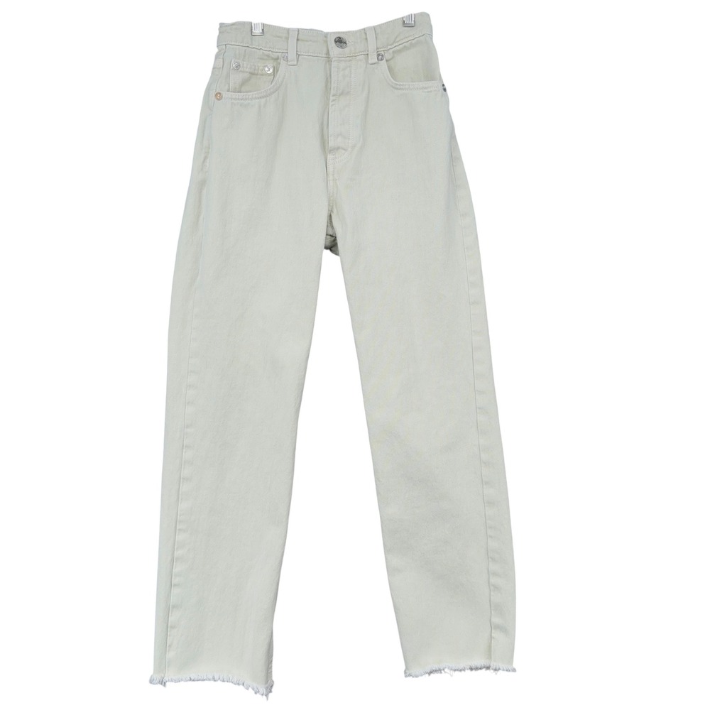 Zara Straight Leg Jeans Women Size 2 Cotton Cream‎ Denim Raw Hem Button Fly
